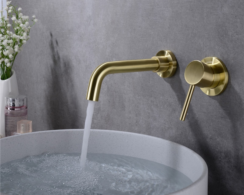 AODEYI Matte Brass Wall Mounted Basin Faucet Single Handle Bathroom Mixer Tap Hot Cold Sink Faucet Rotation Spout Burnished Gold