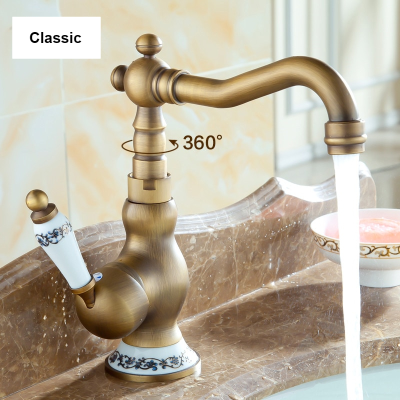 ZGRK Wholesale And Retail Deck Mounted Single Handle Bathroom Sink Mixer Faucet Antique Brass Hot and Cold Water Face Mixer Tap