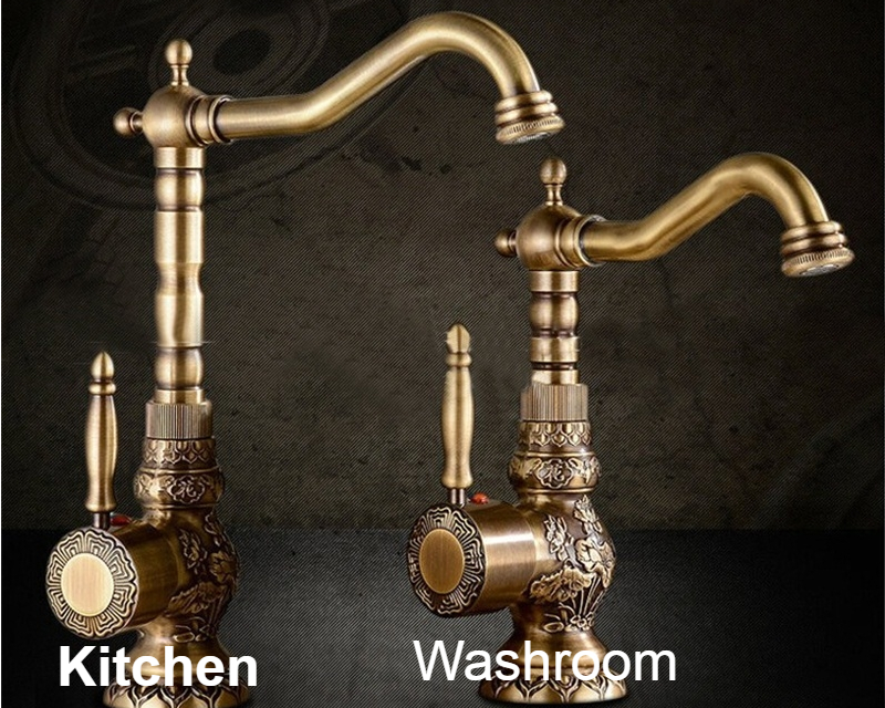 Basin Faucets Antique Brass Bathroom Faucet Basin Carving Tap Rotate Single Handle Hot and Cold Water Mixer Taps Crane XT940