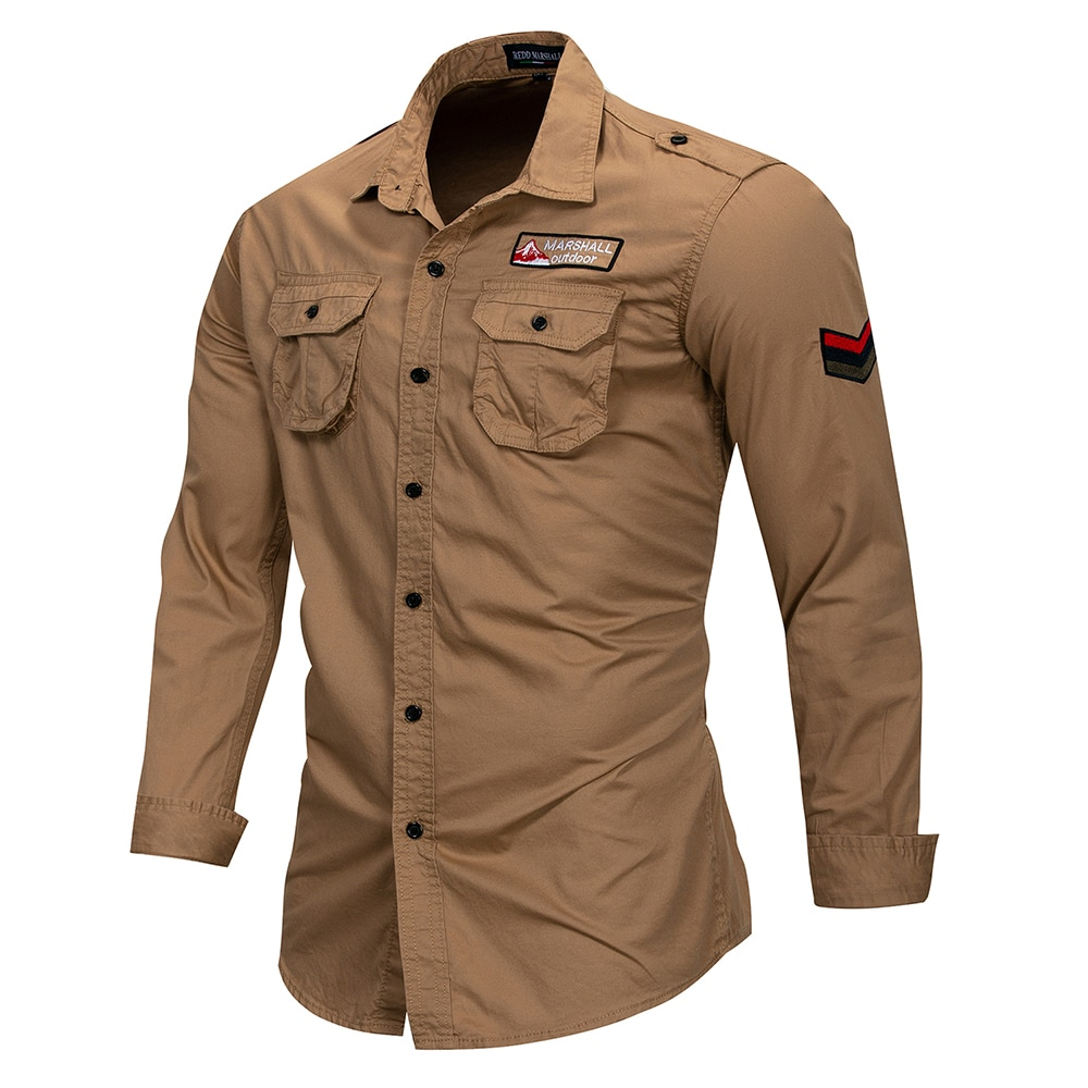 Fredd Marshall 2019 New 100% Cotton Military Shirt Men Long Sleeve Casual Dress Shirt Male Cargo Work Shirts With Embroidery 115